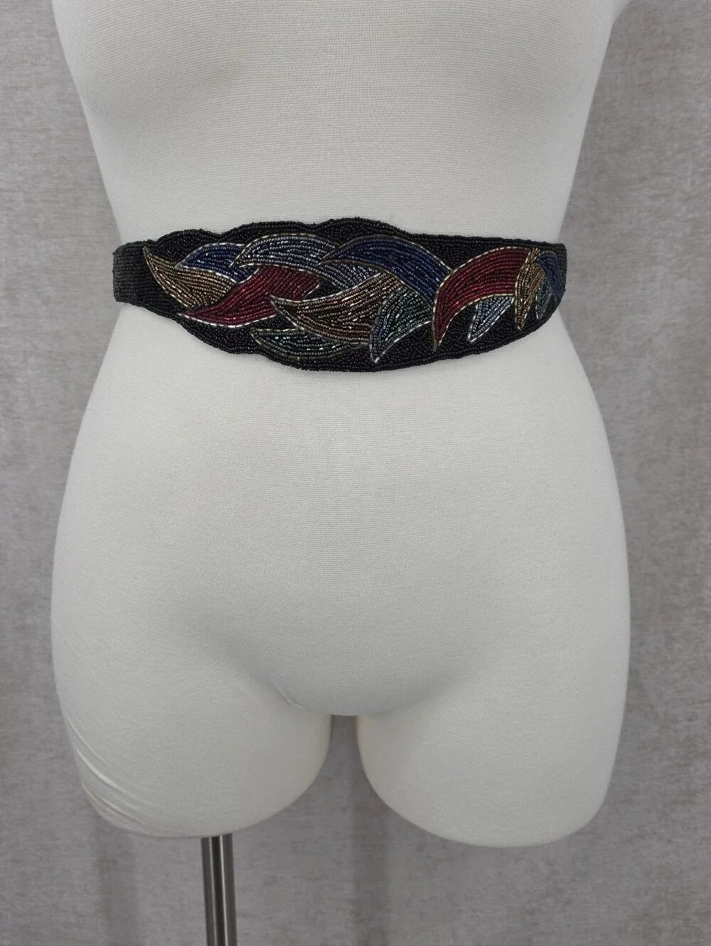 Lyrella Vintage Beaded Waist Belt Black with Red Blue Gold Silver Green Beads